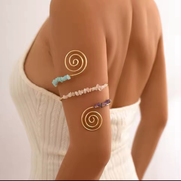 New, Natural Stones Spiral Upper Arm Cuff Bangle Adjustable Open bracelet - Picture 1 of 8